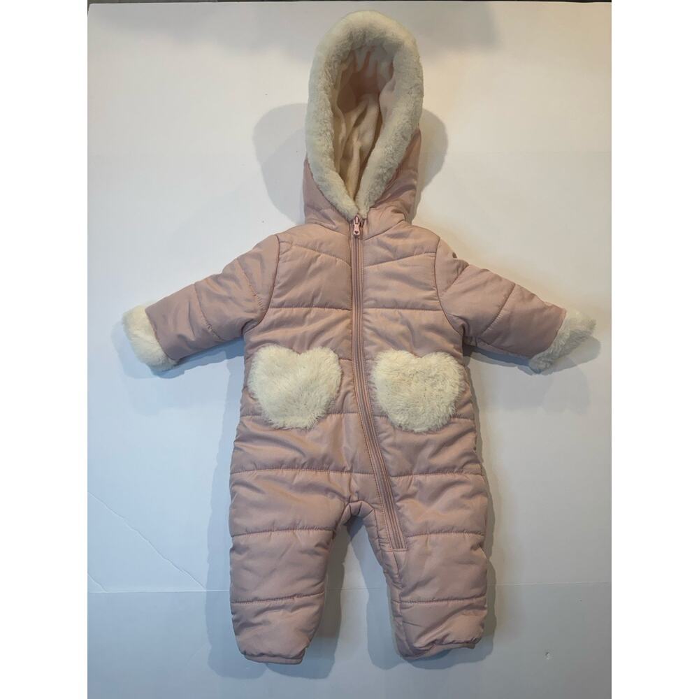 Baby Snowsuit 3-6M Pink Hooded Faux Fur Hearts Winter Bunting